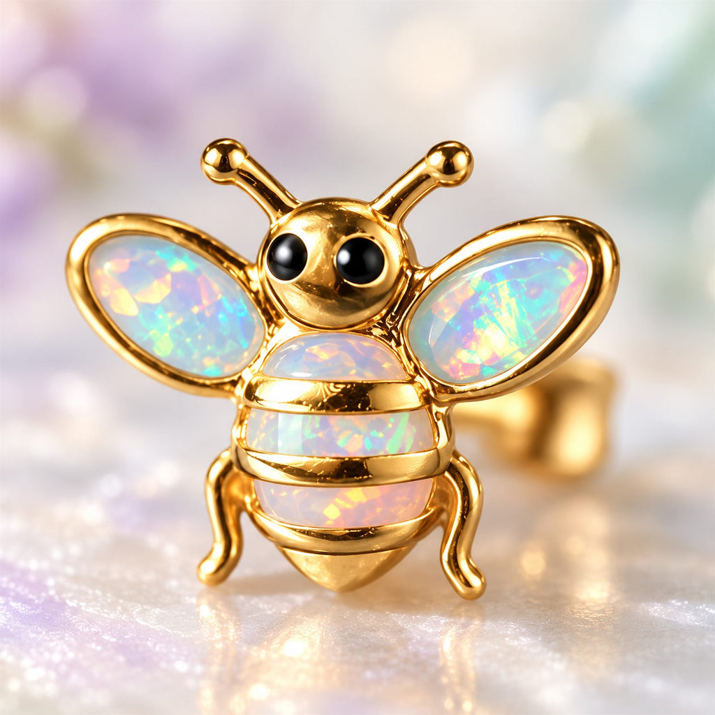 Boucles d'oreilles Abeille Mopaline, gros plan sur les reflets opalins