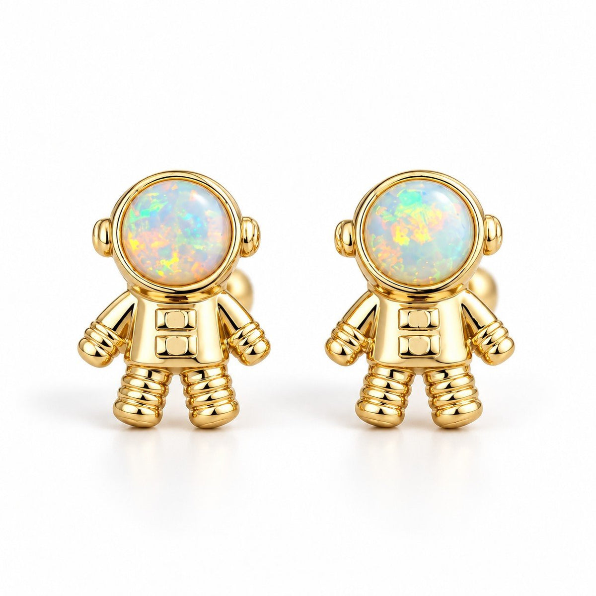 Boucles d'oreilles Astronaute Opale dorées, la paire sur fond blanc