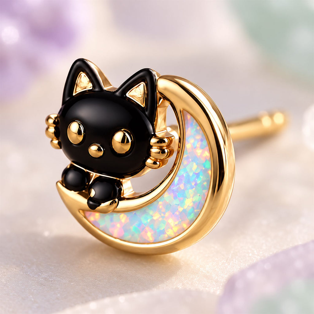 Boucles d'oreilles Chat Lune Mopaline, gros plan sur les reflets opalins