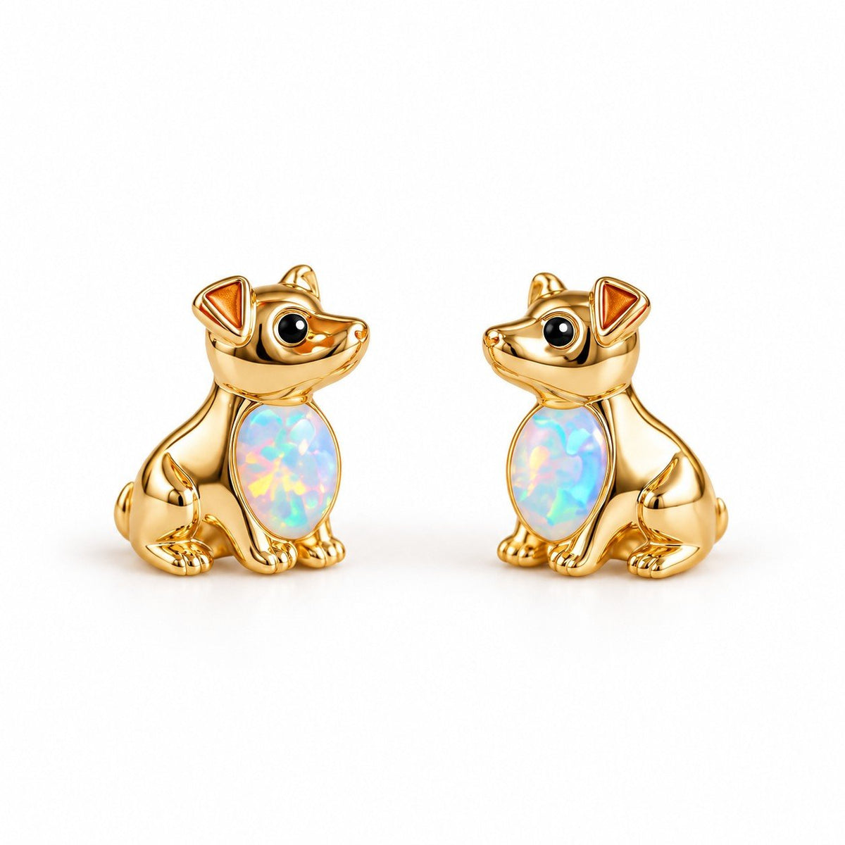 Boucles d'oreilles Chien Opale dorées, la paire sur fond blanc