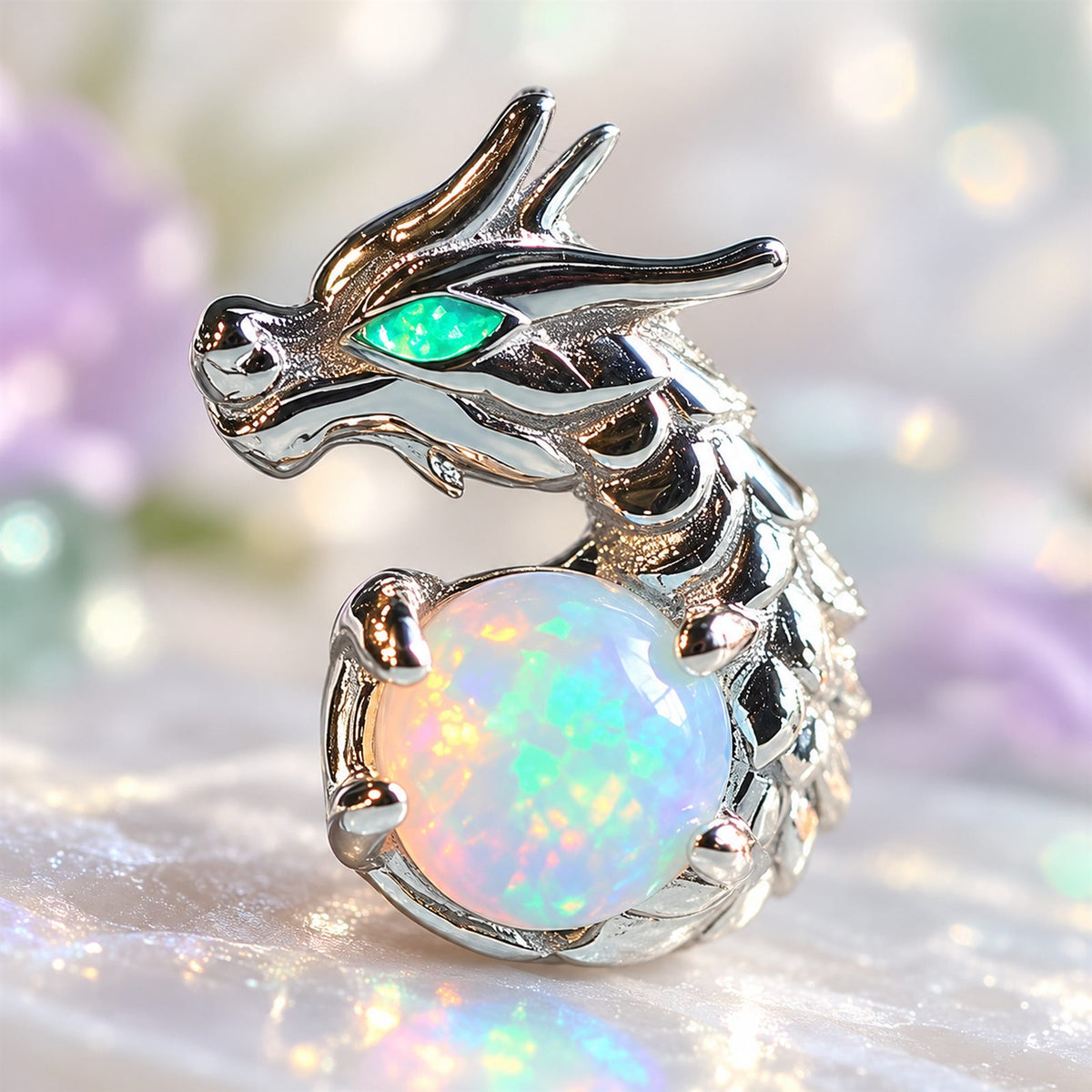 Boucles d'oreilles Dragon Mopaline, gros plan sur les reflets opalins