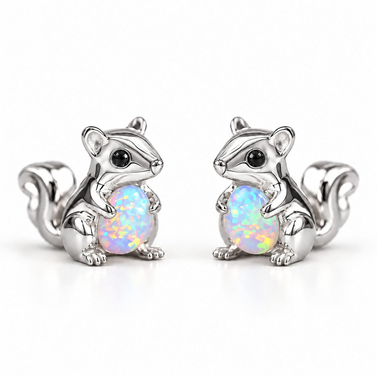 Boucles d'oreilles Écureuil Opale argentées, la paire sur fond blanc