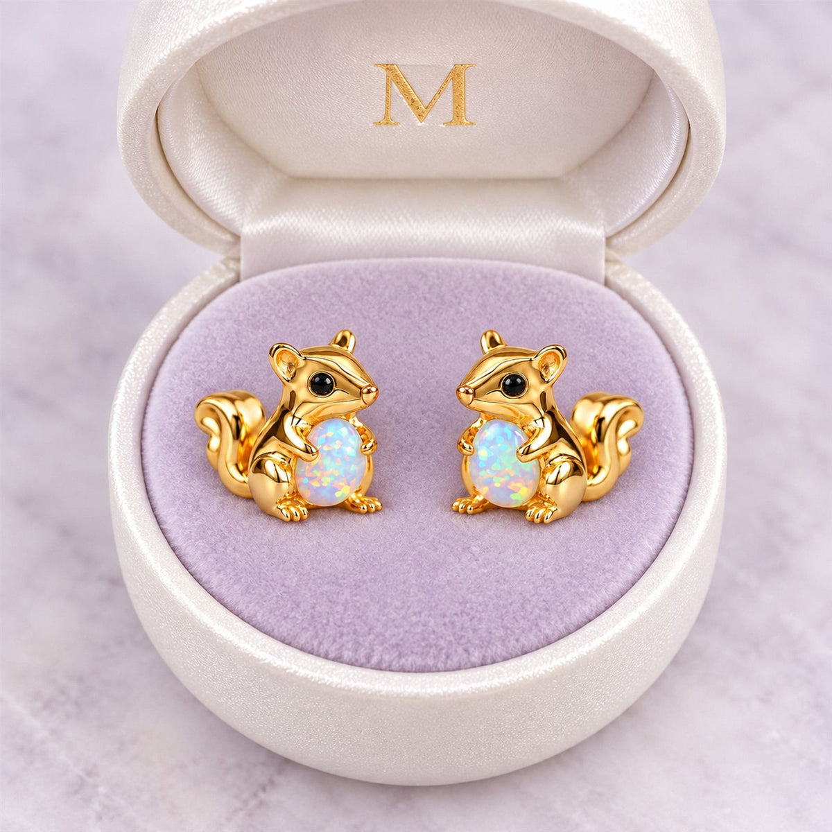 Paire de boucles d'oreilles Écureuil Opale dans son coffret cadeau