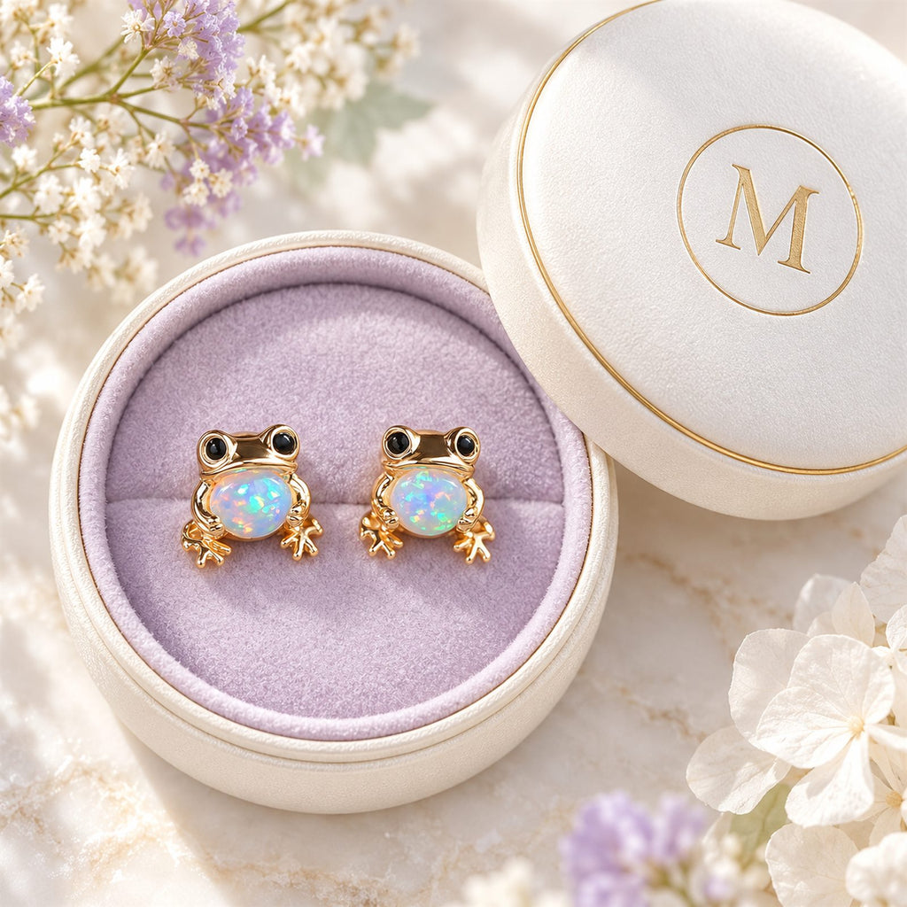 Boucles d'oreilles Grenouille Mopaline, présentées dans leur coffret cadeau