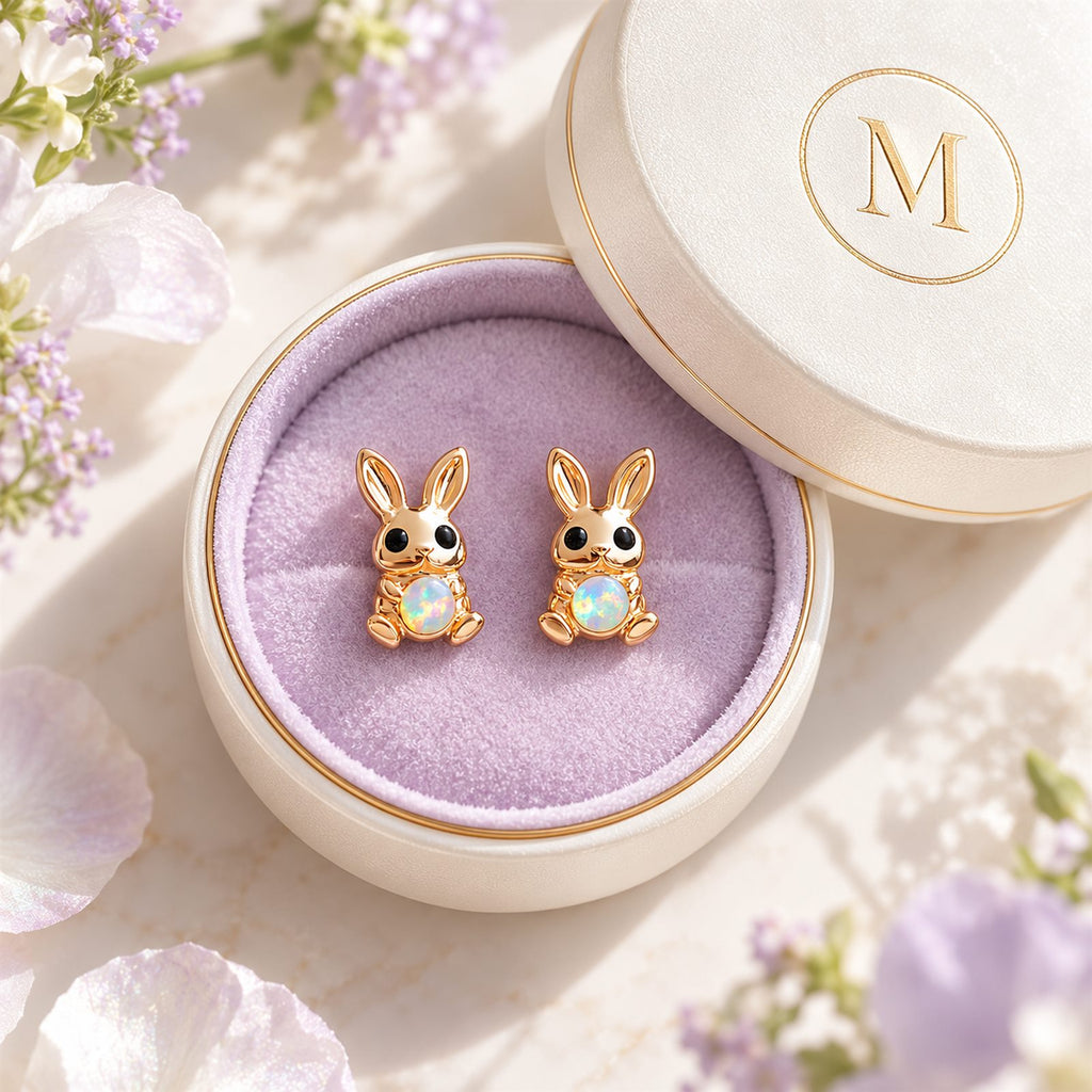 Boucles d'oreilles Lapin Mopaline, présentées dans leur coffret cadeau