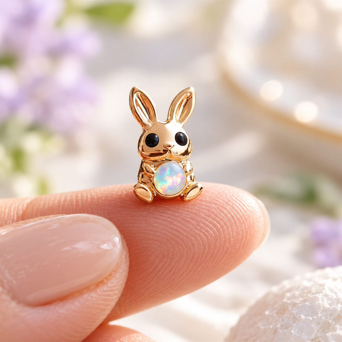 Boucles d'oreilles Lapin Mopaline, posée sur le bout du doigt pour montrer la petite taille