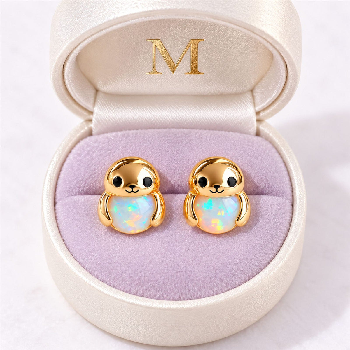 Paire de boucles d'oreilles Phoque Opale dans son coffret cadeau