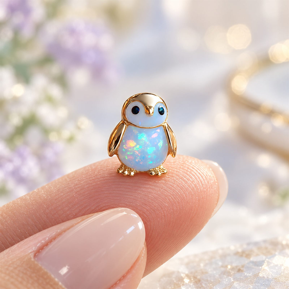 Boucles d'oreilles Pingouin Mopaline, posée sur le bout du doigt pour montrer la petite taille