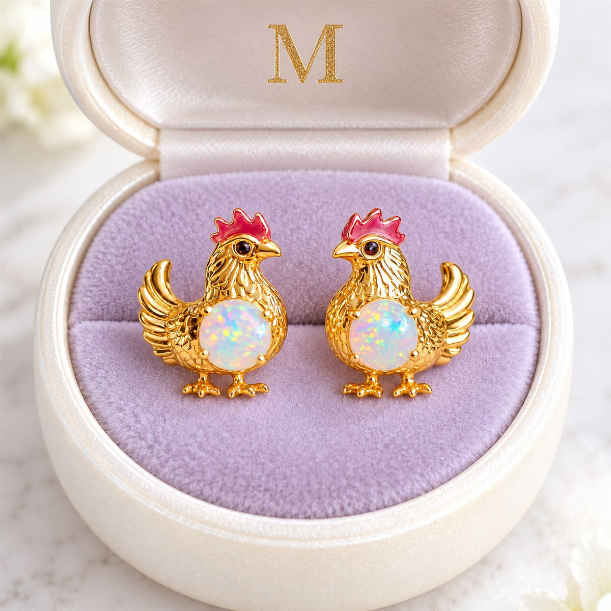 Paire de boucles d'oreilles Poule Opale dans son coffret cadeau