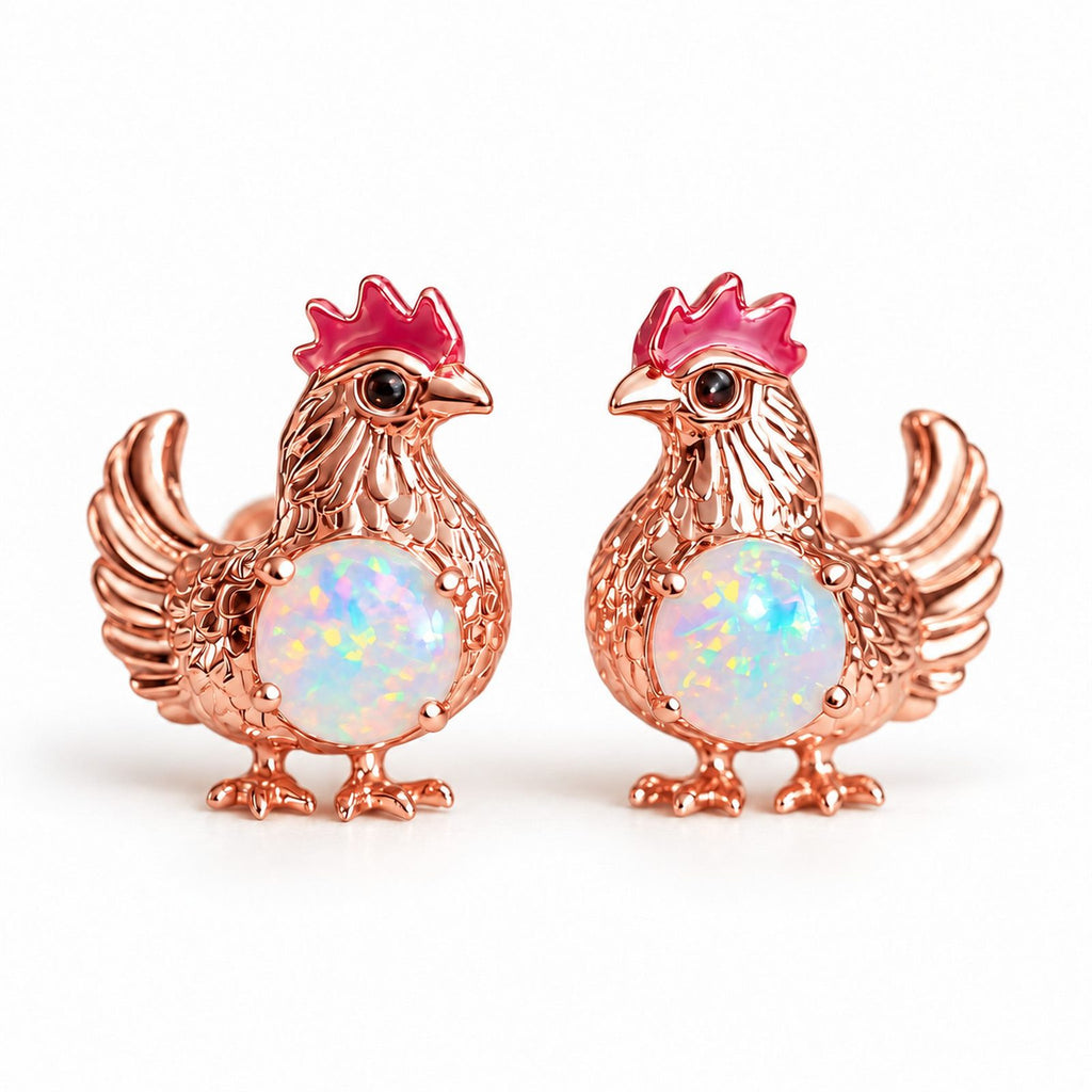 Boucles d'oreilles Poule Opale or rose, la paire sur fond blanc
