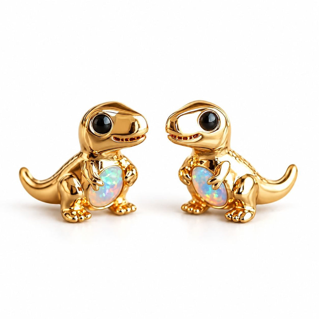 Boucles d'oreilles T-Rex Opale dorées, la paire sur fond blanc