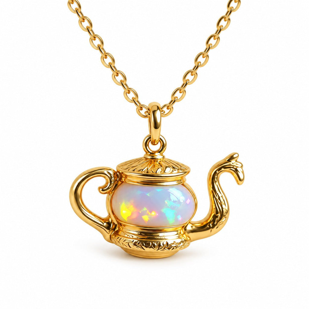 Collier Lampe Magique Opale doré, pendentif et chaîne sur fond blanc