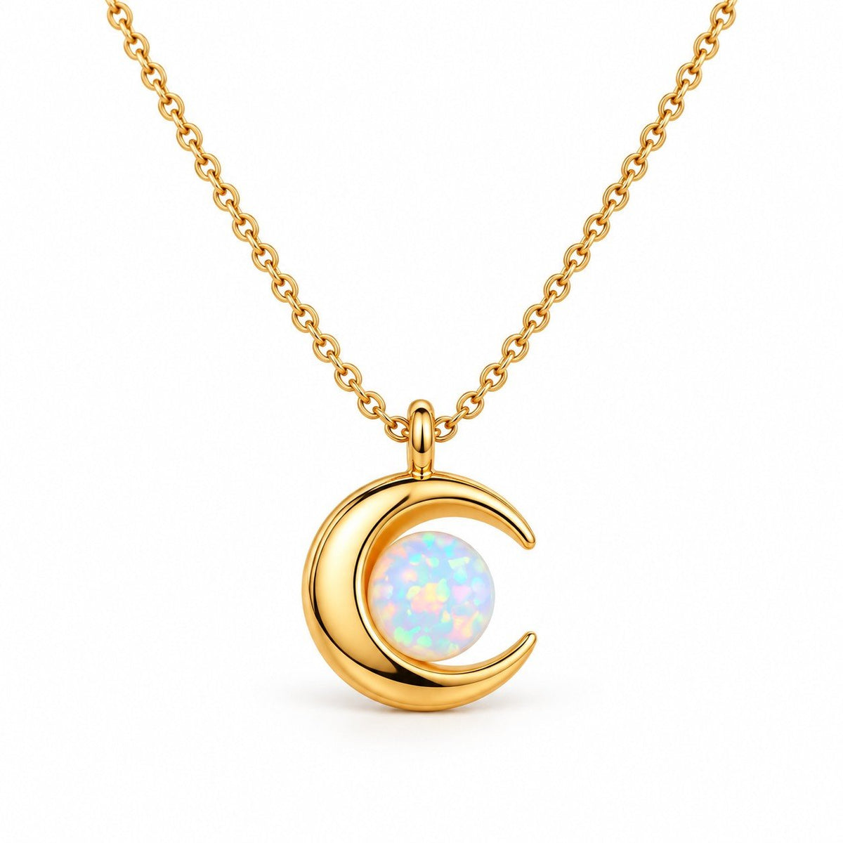 Collier Lune Opale doré, pendentif et chaîne sur fond blanc